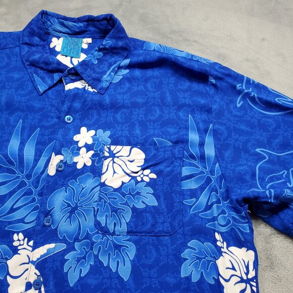 Cabali Hawaiian Short Sleeve Shirt Blue White Tropical Flowers 1 Pocket Men Sz L - Picture 5 of 11